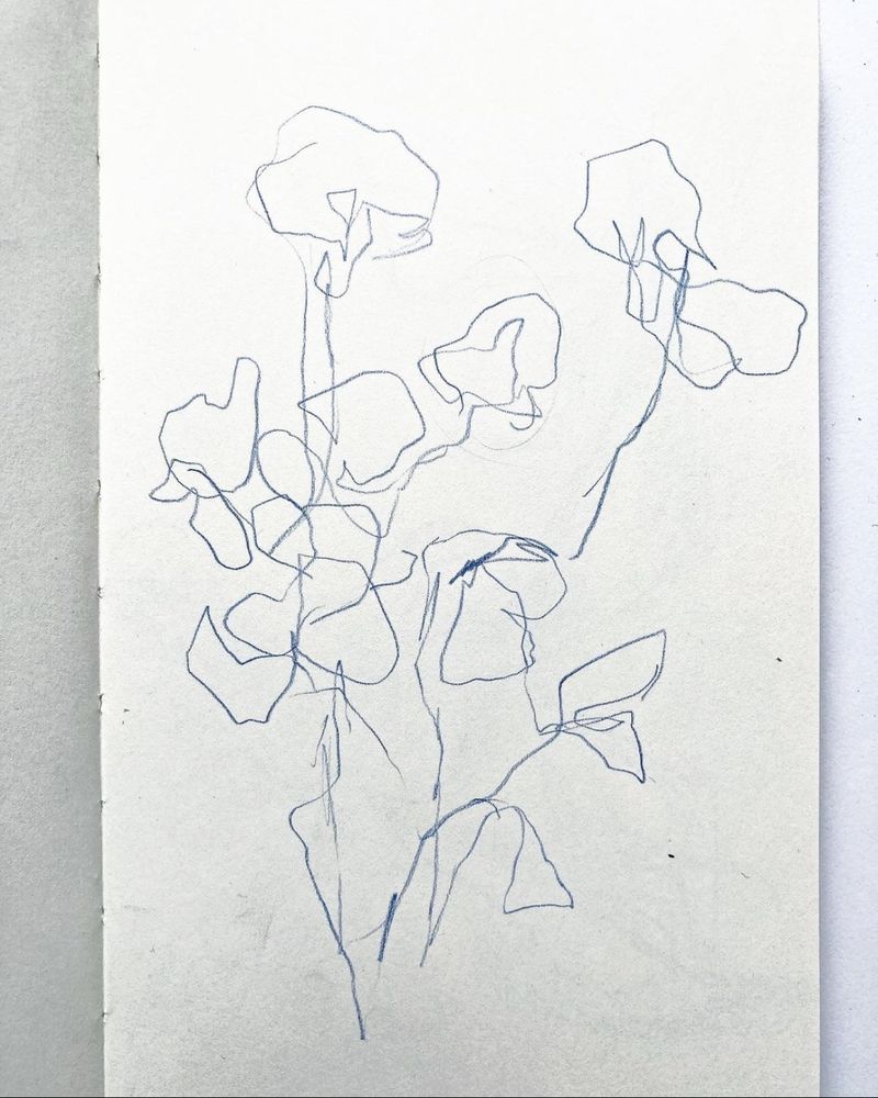Pencil sketch of loosely drawn flowers and leaves in a sketchbook