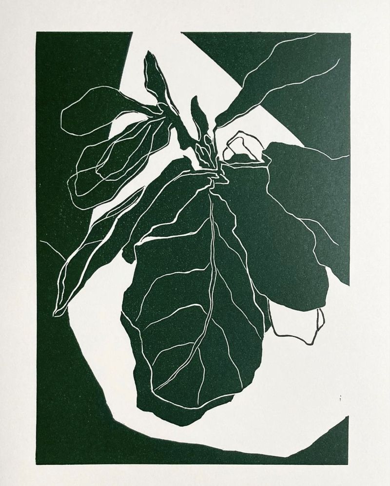 Linocut of a fiddle-leaf fig, fine white lines carved into a deep green block