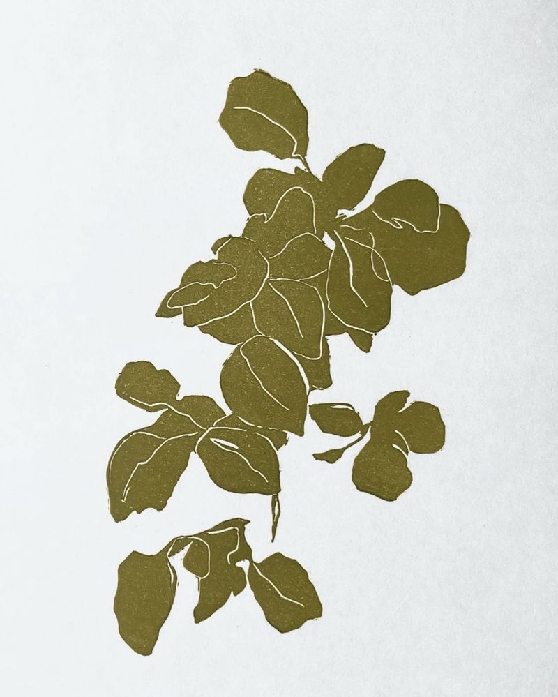 Linocut of a leafy stem printed in olive green on white paper