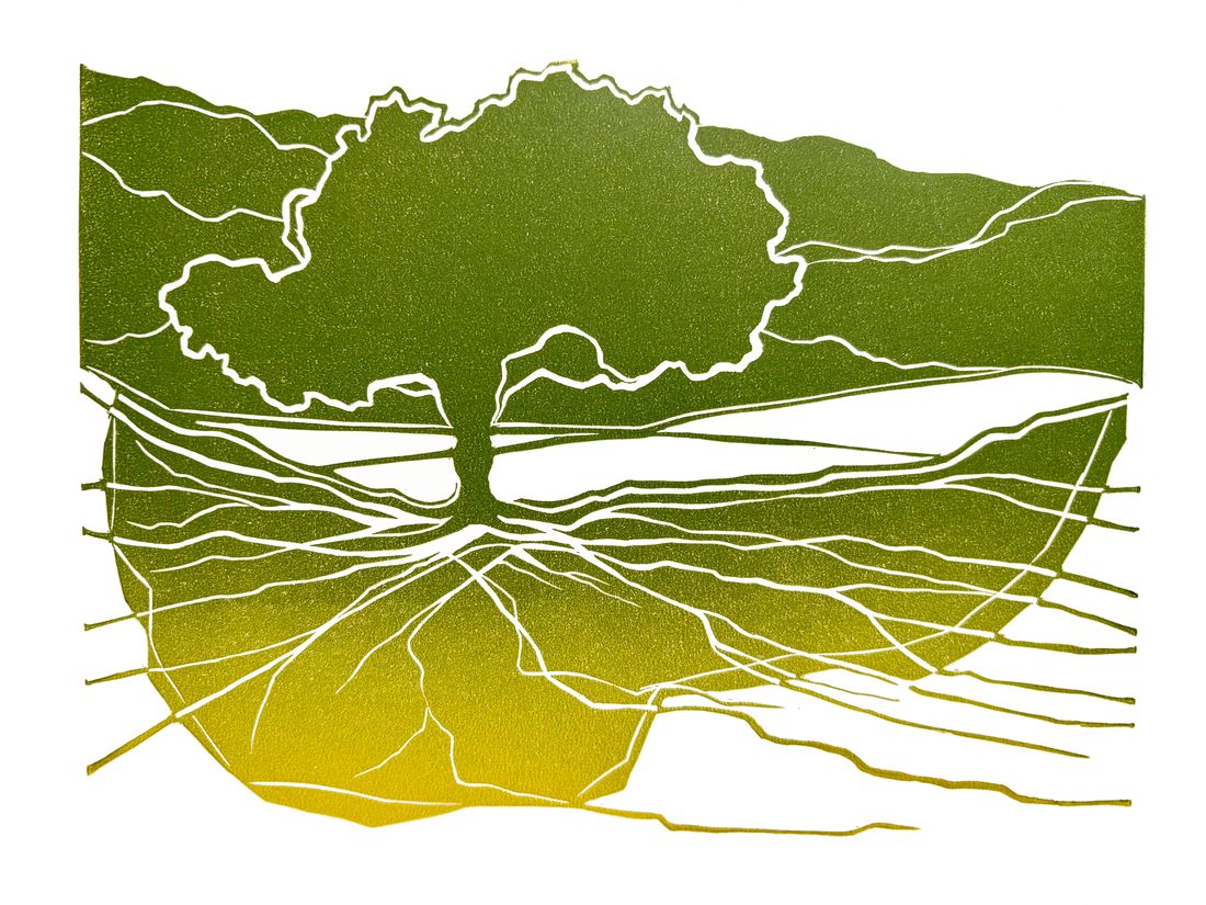Linocut of a lone tree above a web of spreading roots, inked in a gradient from deep green to yellow